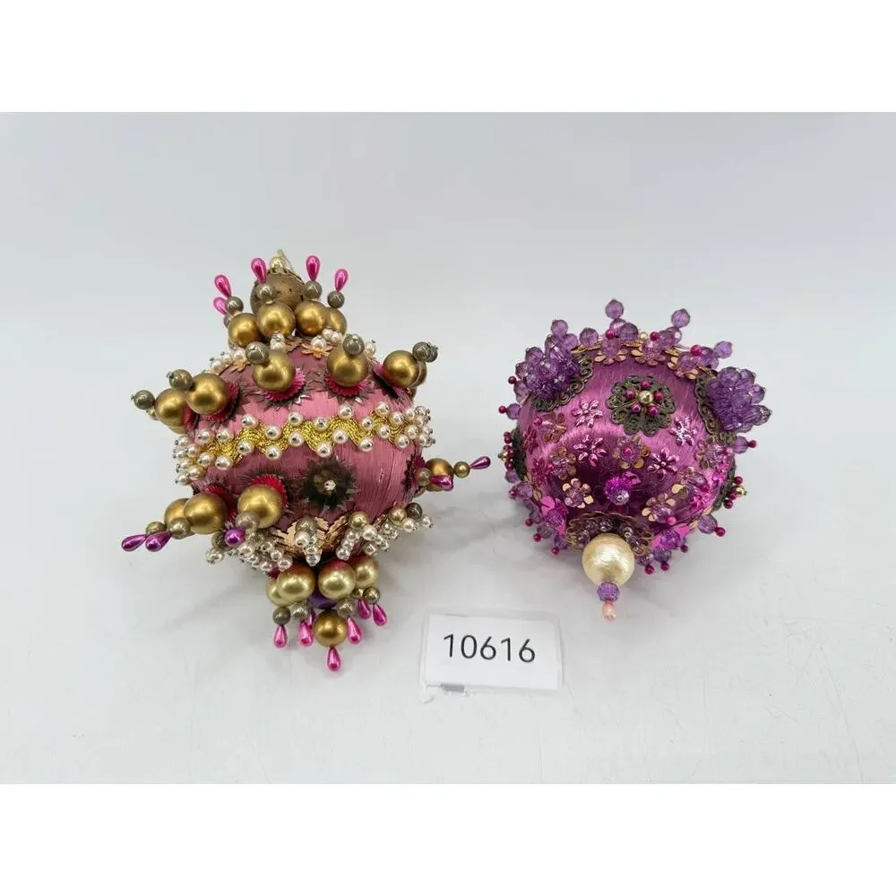 Vintage Handmade Beaded Christmas Ornament Pink Gold Sequin Ball OOAK Decor